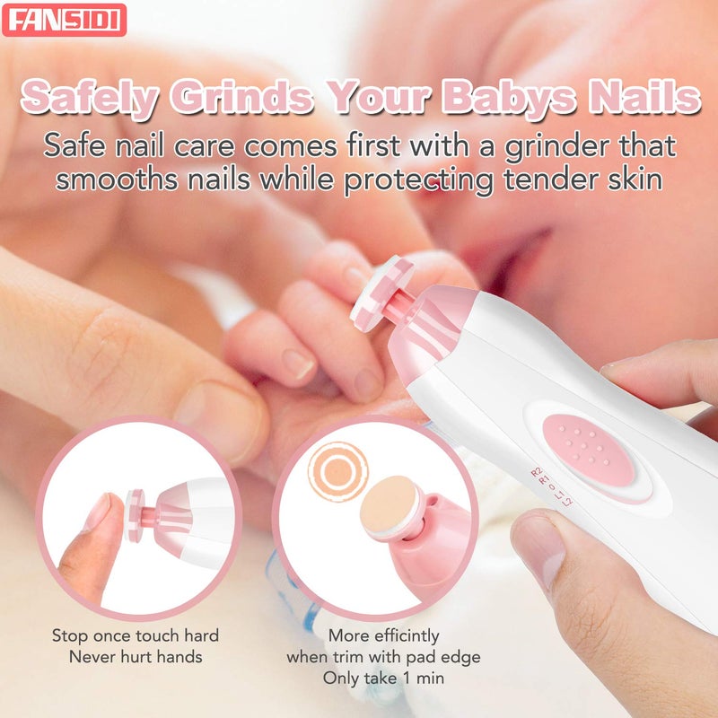 FANSIDI Baby Nail Trimmer Electric, Baby Nail File Infant Nail Clippers with 10 Grinding Pads 8 Sandpapers for Newborn Infant Toddler or Adults Toes Fingernails Care - AA Battery Operated (White/Pink) - Image 4